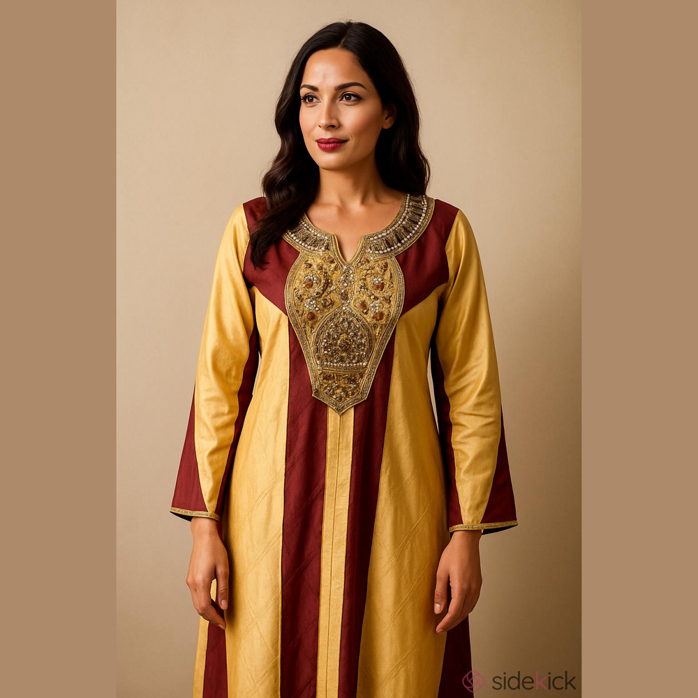 Gold Brown V Neck Long Sleeve Kaftan